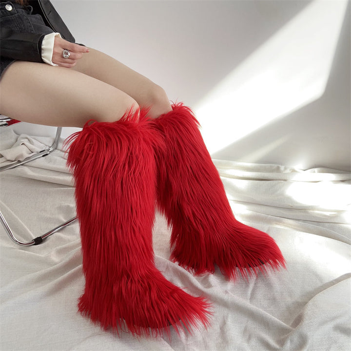 Women's flat faux fur knee high boots colorful boots for Christmas