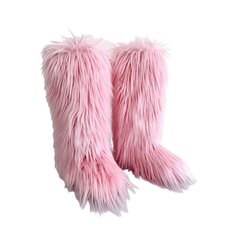 light pink Women's flat faux fur knee high boots colorful boots for Christmas