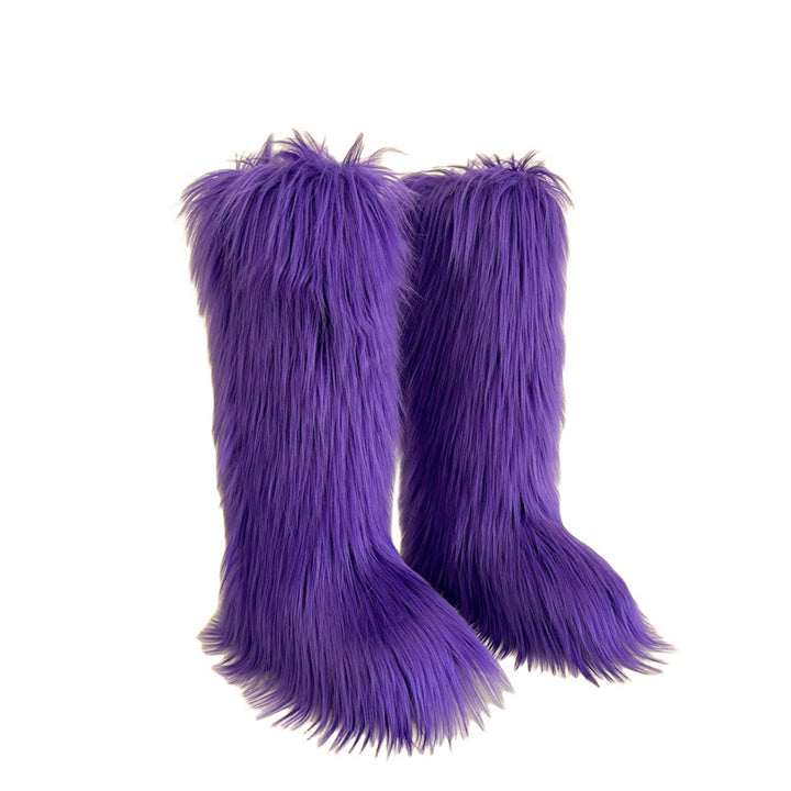 dark purple Women's flat faux fur knee high boots colorful boots for Christmas