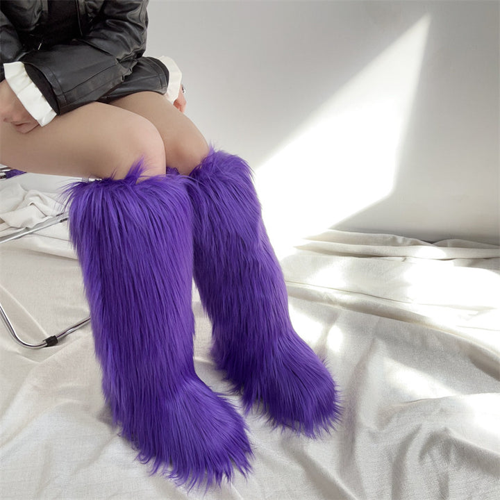 dark purple Women's flat faux fur knee high boots colorful boots for Christmas