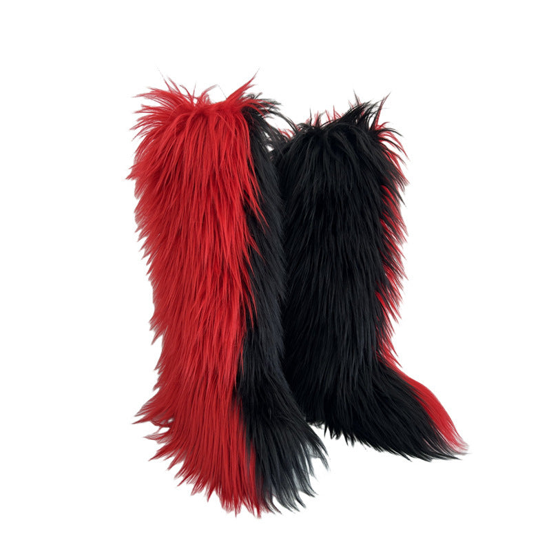 red black Women's flat faux fur knee high boots colorful boots for Christmas