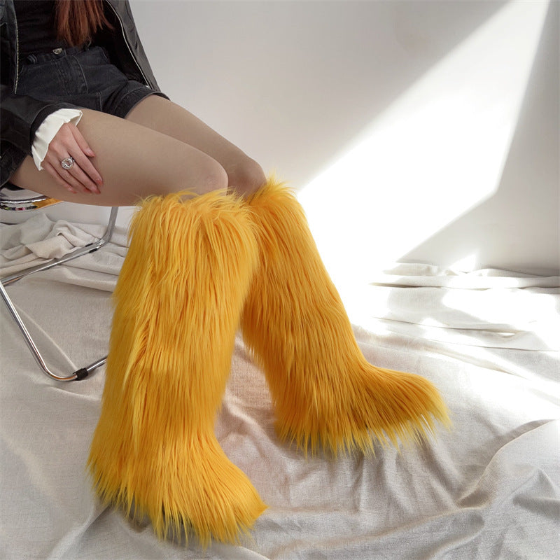 orange Women's flat faux fur knee high boots colorful boots for Christmas