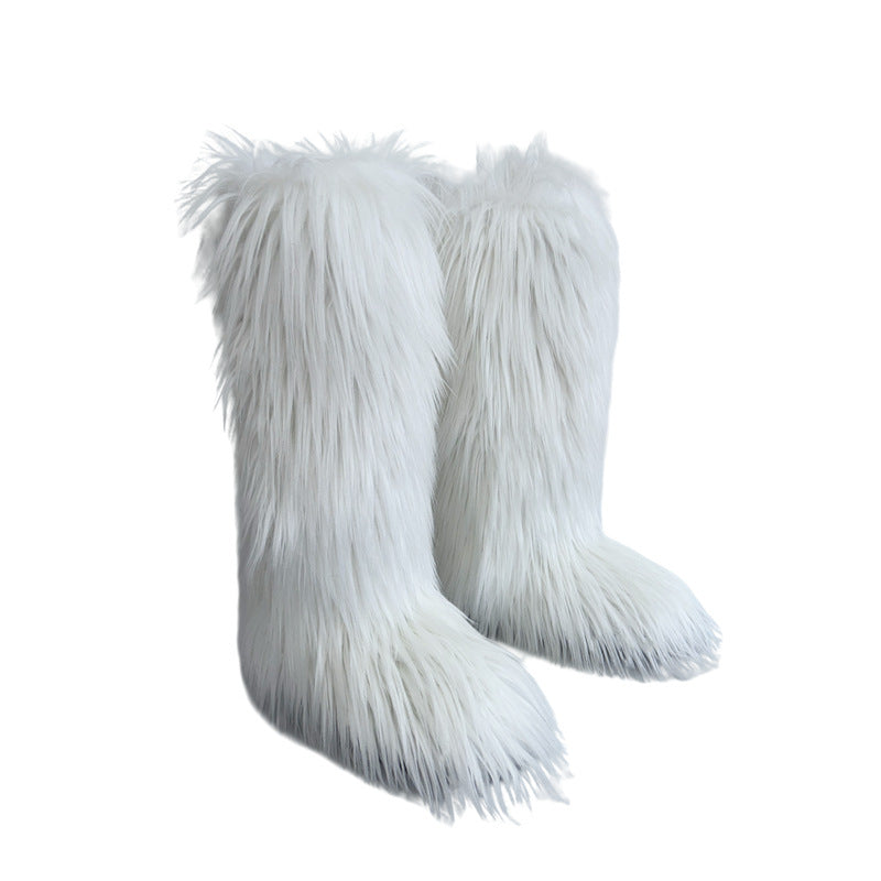 white Women's flat faux fur knee high boots colorful boots for Christmas