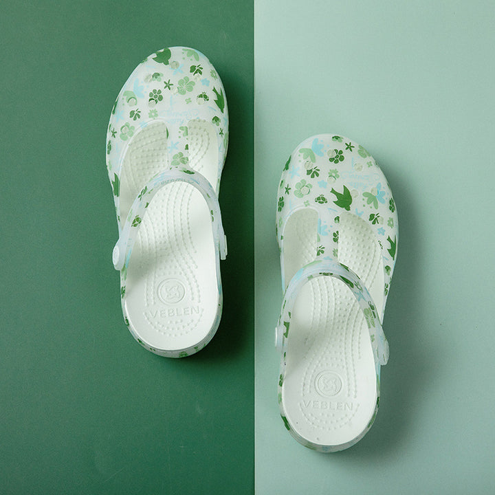 green Women's floral print jelly water shoes