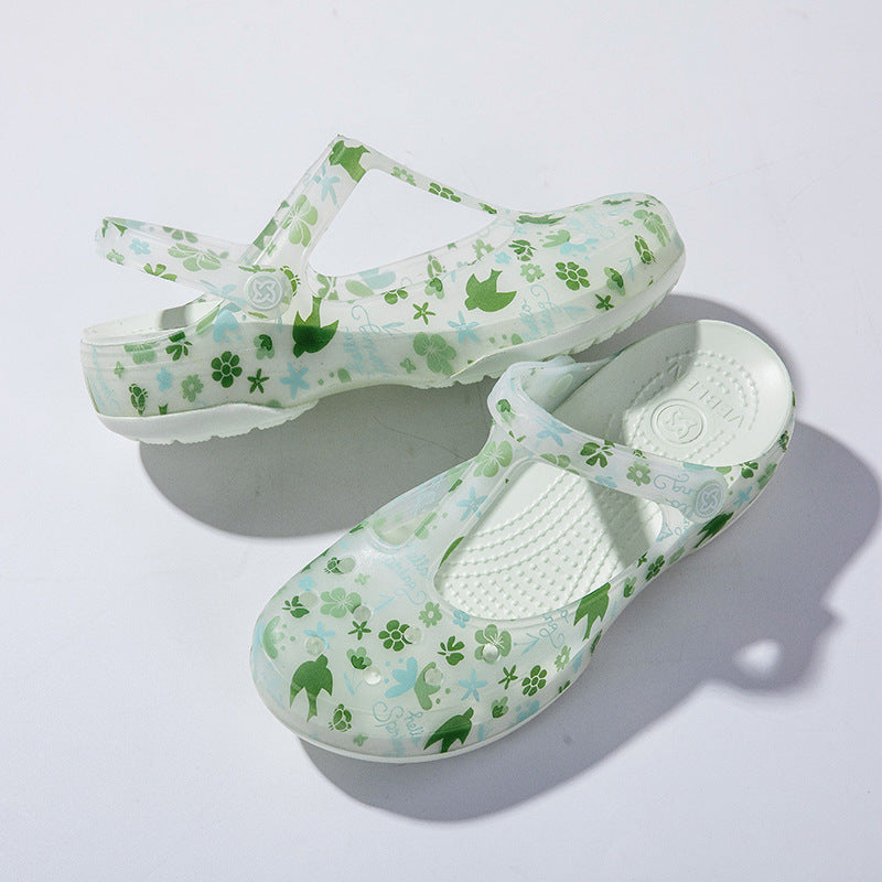 green Women's floral print jelly water shoes