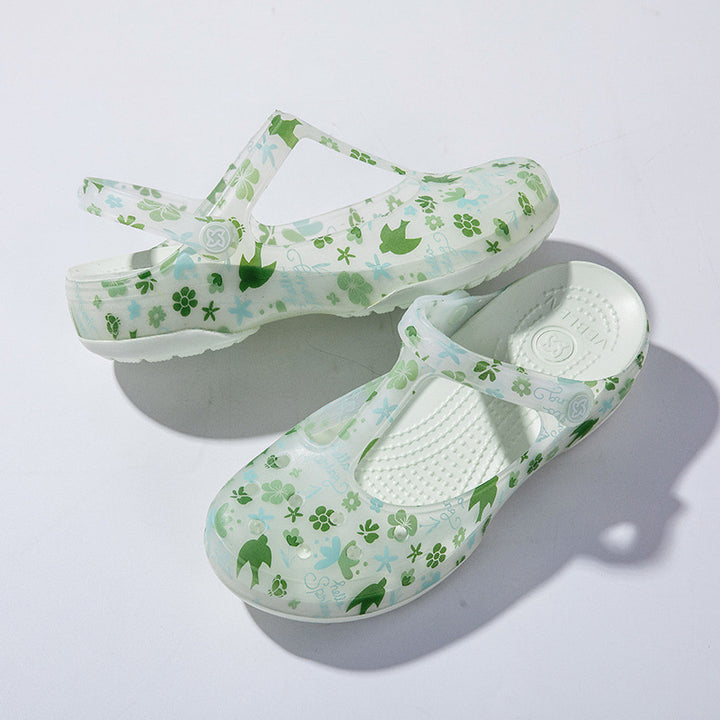 green Women's floral print jelly water shoes