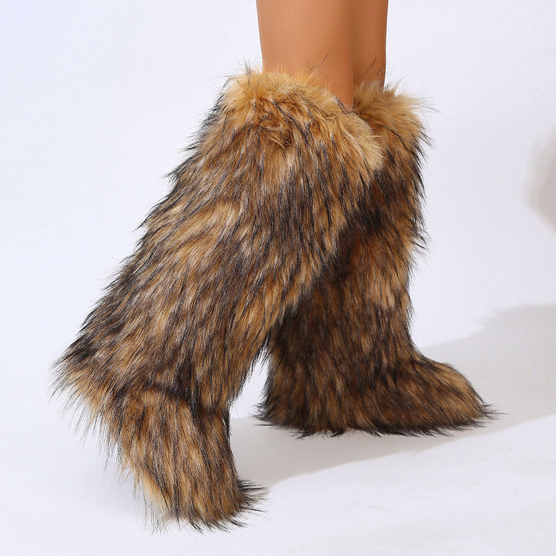 Women's furry faux fur knee high snow boots