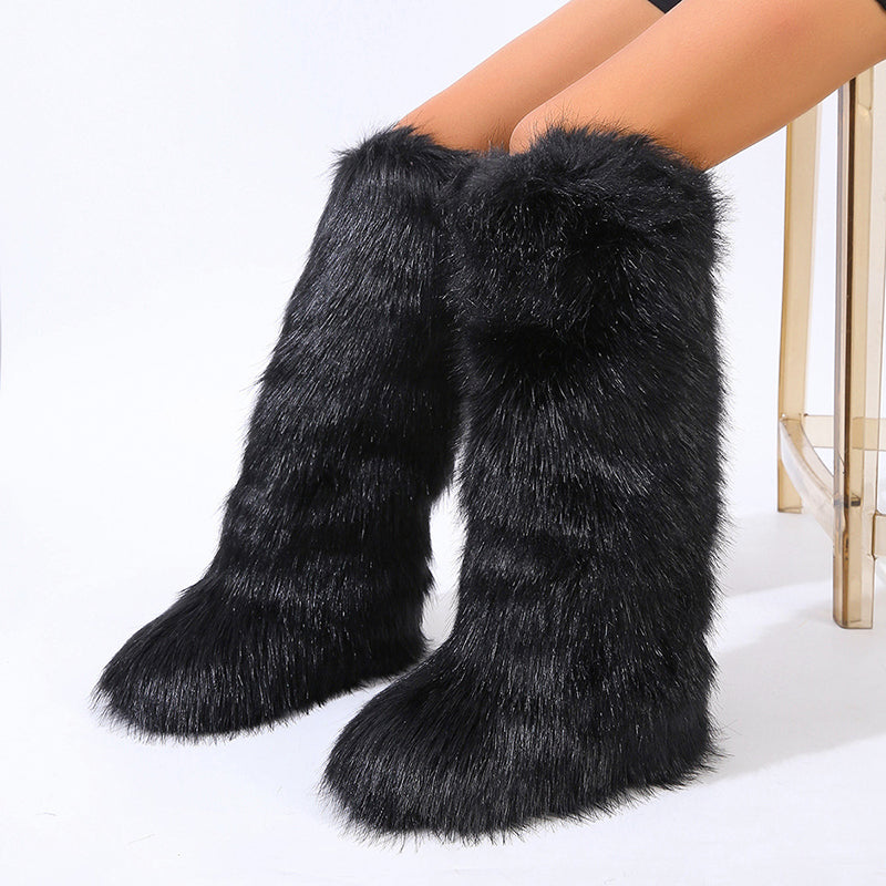 Women's furry faux fur knee high snow boots