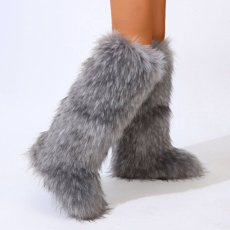 Women's furry faux fur knee high snow boots