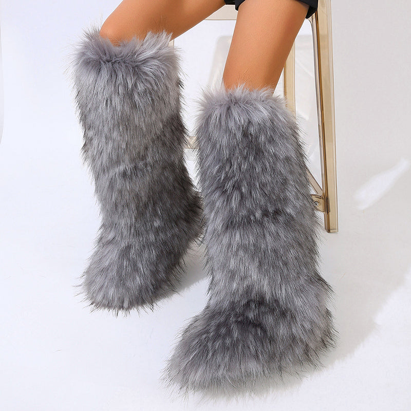 Women's furry faux fur knee high snow boots