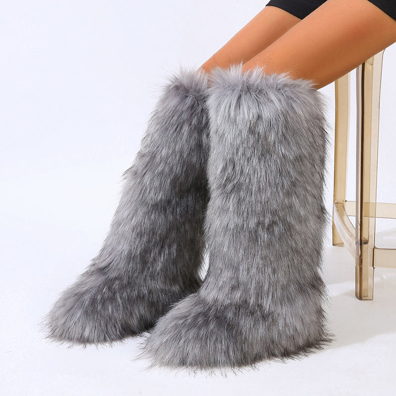 Women's furry faux fur knee high snow boots