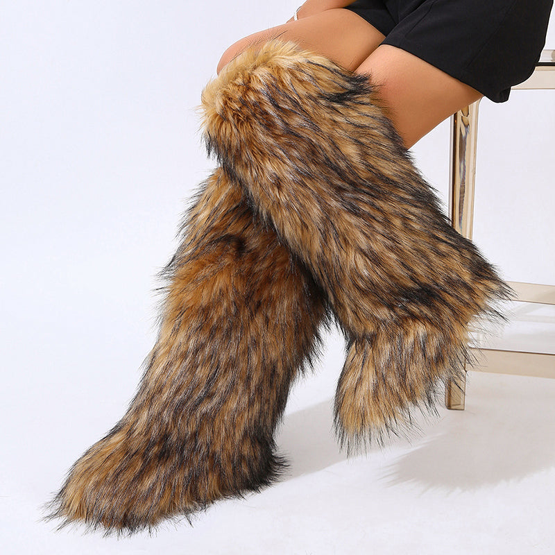 Women's furry faux fur knee high snow boots