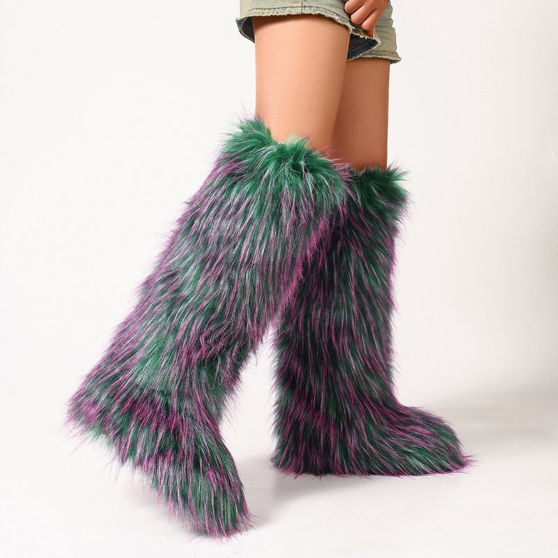 Women's furry faux fur knee high snow boots