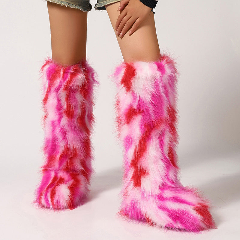 Women's furry faux fur knee high snow boots