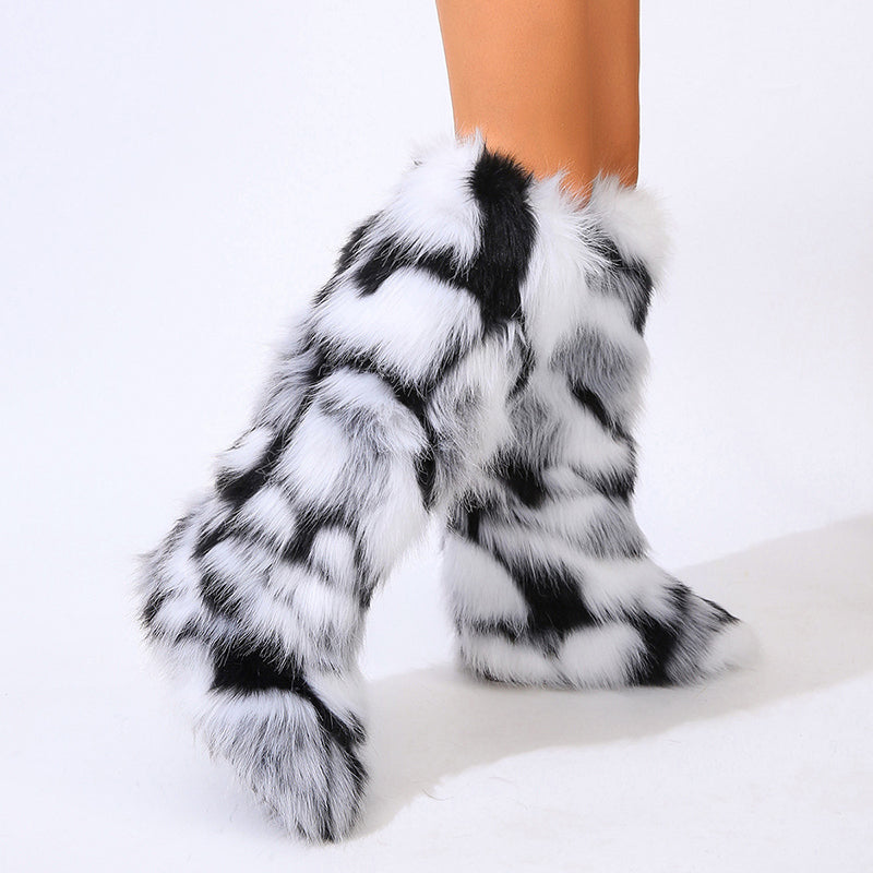 Women's furry faux fur knee high snow boots