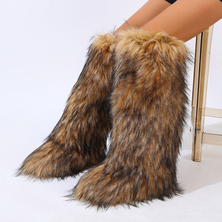 Women's furry faux fur knee high snow boots