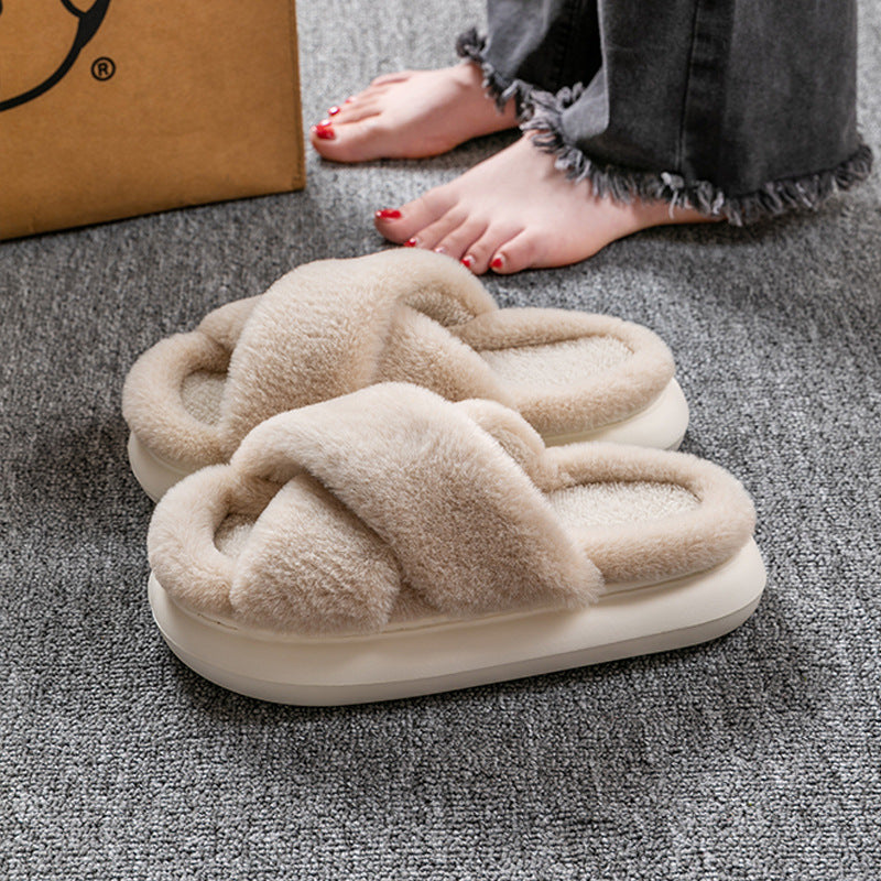 Women’s Cross-Band Fuzzy Platform Slippers