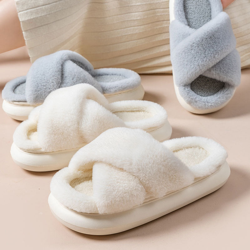 Women’s Cross-Band Fuzzy Platform Slippers