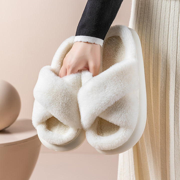 Women’s Cross-Band Fuzzy Platform Slippers