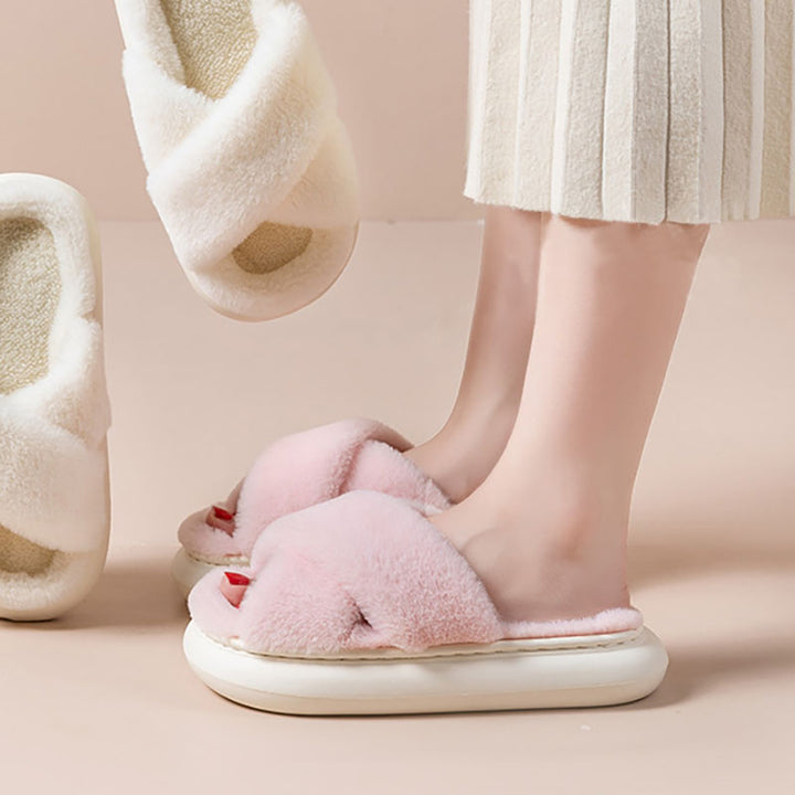 Women’s Cross-Band Fuzzy Platform Slippers