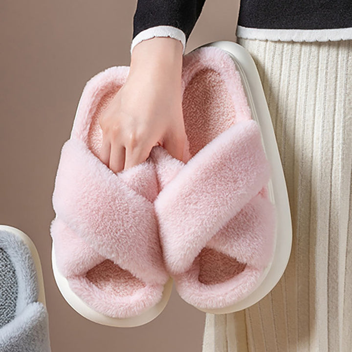 Women’s Cross-Band Fuzzy Platform Slippers