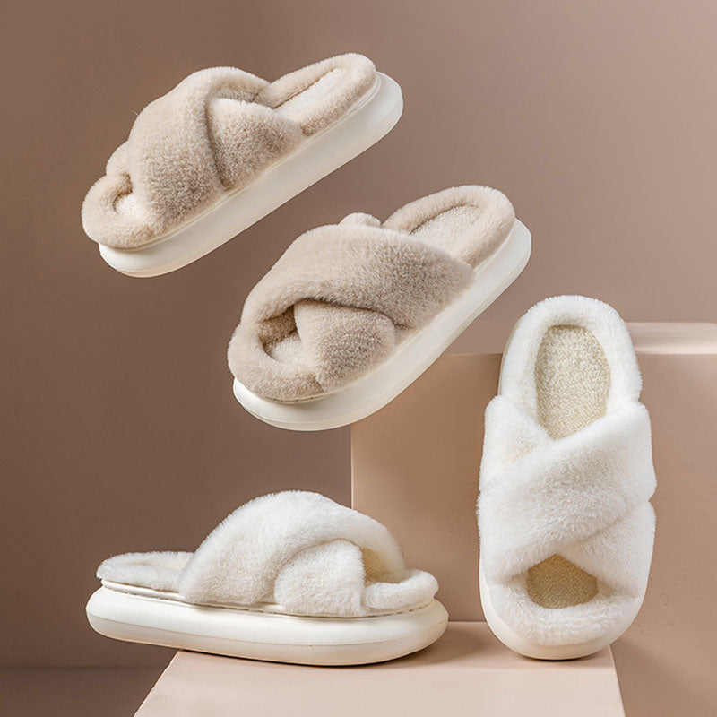 Women’s Cross-Band Fuzzy Platform Slippers