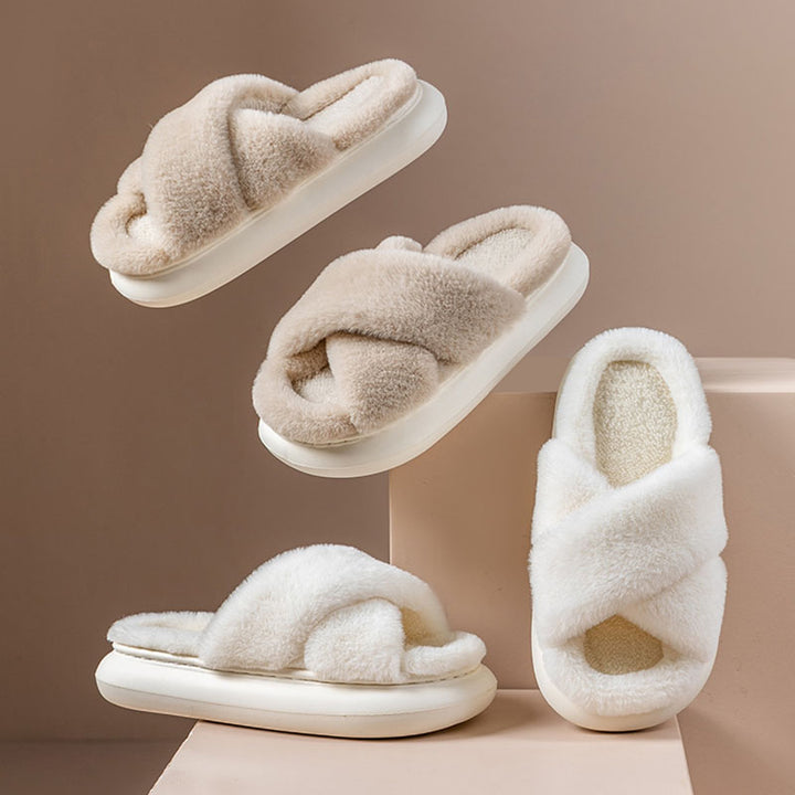 Women’s Cross-Band Fuzzy Platform Slippers
