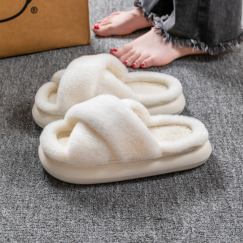 Women’s Cross-Band Fuzzy Platform Slippers