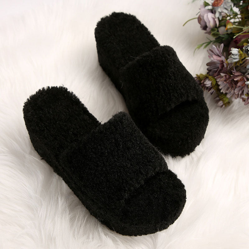 Women’s Fuzzy Platform Wedge Slides – Cushioned Peep Toe Comfort Slippers