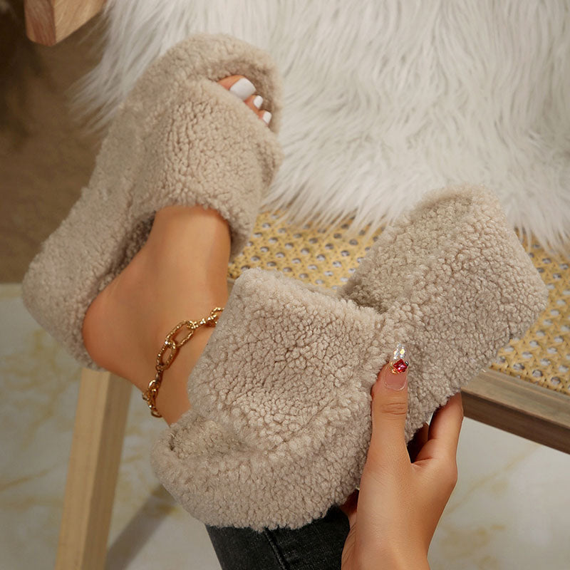 Women’s Fuzzy Platform Wedge Slides – Cushioned Peep Toe Comfort Slippers