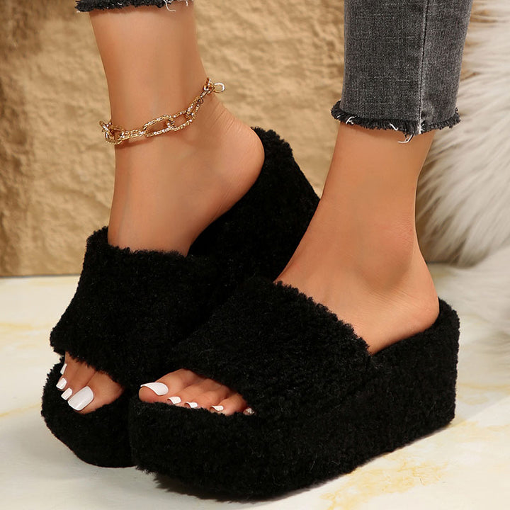 Women’s Fuzzy Platform Wedge Slides – Cushioned Peep Toe Comfort Slippers
