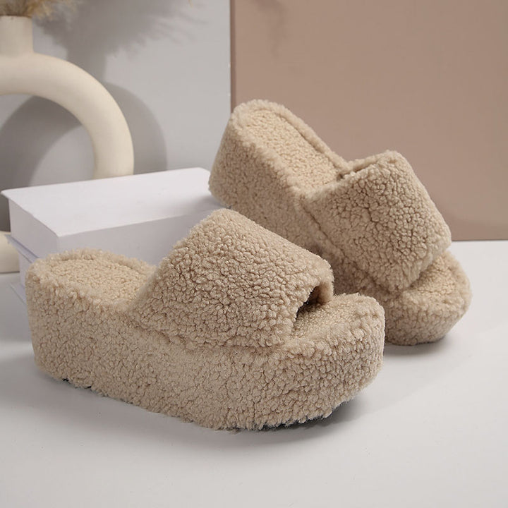 Women’s Fuzzy Platform Wedge Slides – Cushioned Peep Toe Comfort Slippers