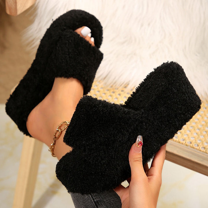 Women’s Fuzzy Platform Wedge Slides – Cushioned Peep Toe Comfort Slippers