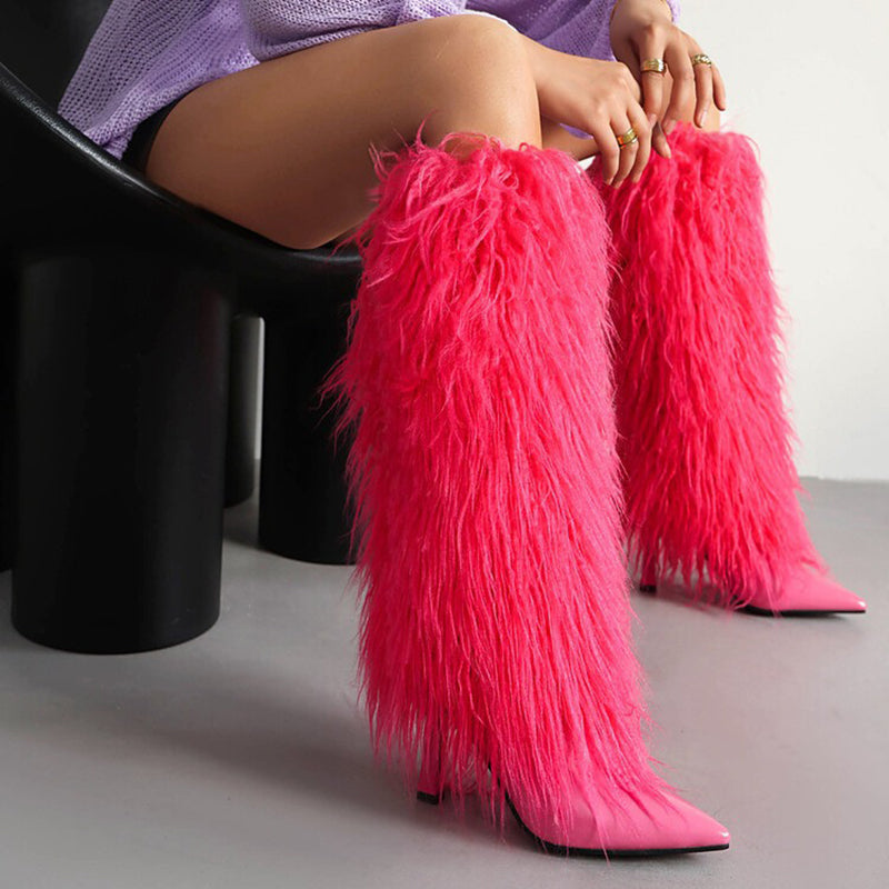 Women's fuzzy stiletto heels knee high boots for party & winter holiday