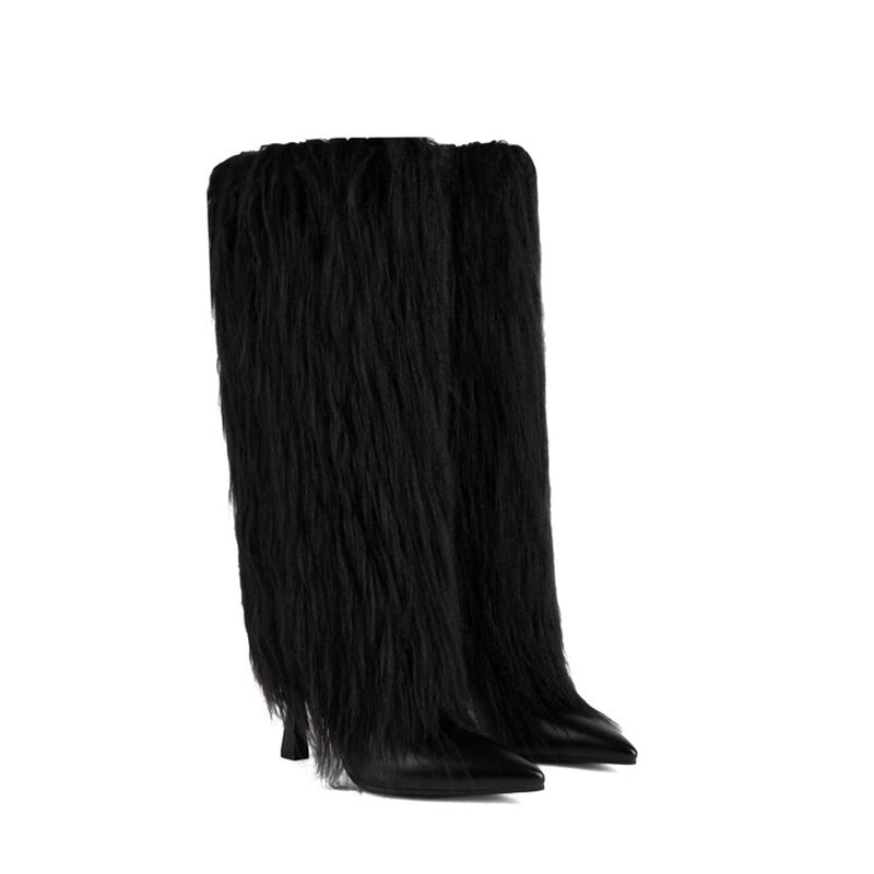 black Women's fuzzy stiletto heels knee high boots for party & winter holiday