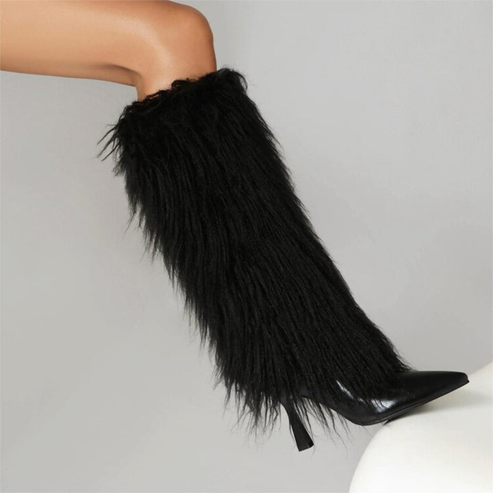 black Women's fuzzy stiletto heels knee high boots for party & winter holiday