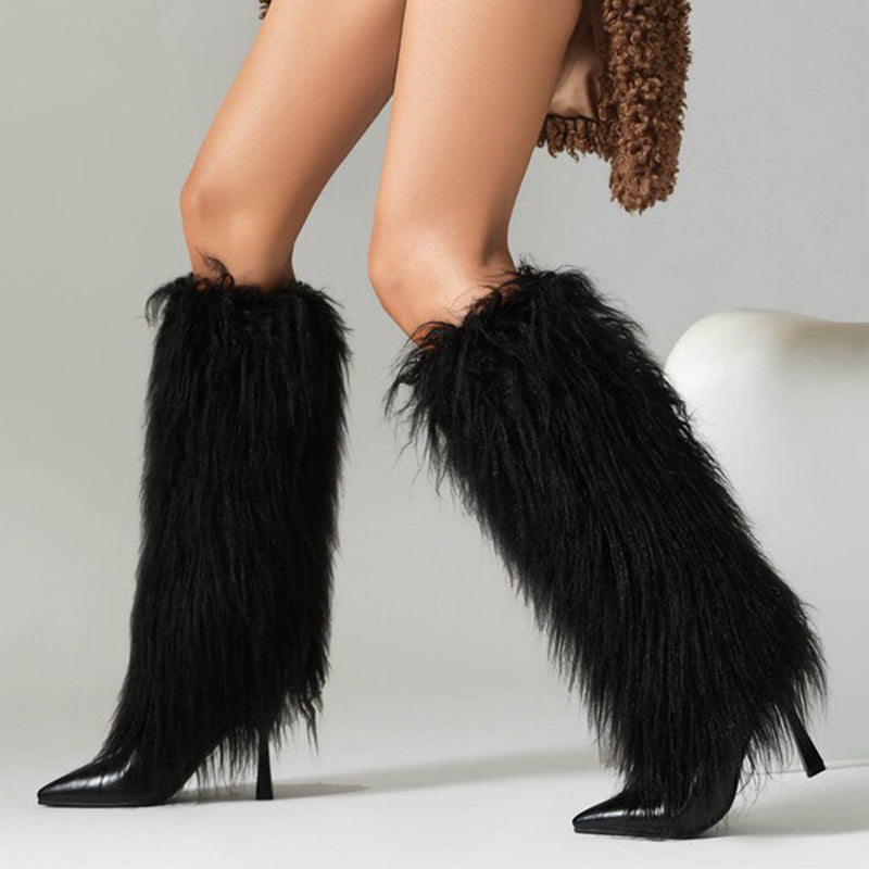 black Women's fuzzy stiletto heels knee high boots for party & winter holiday