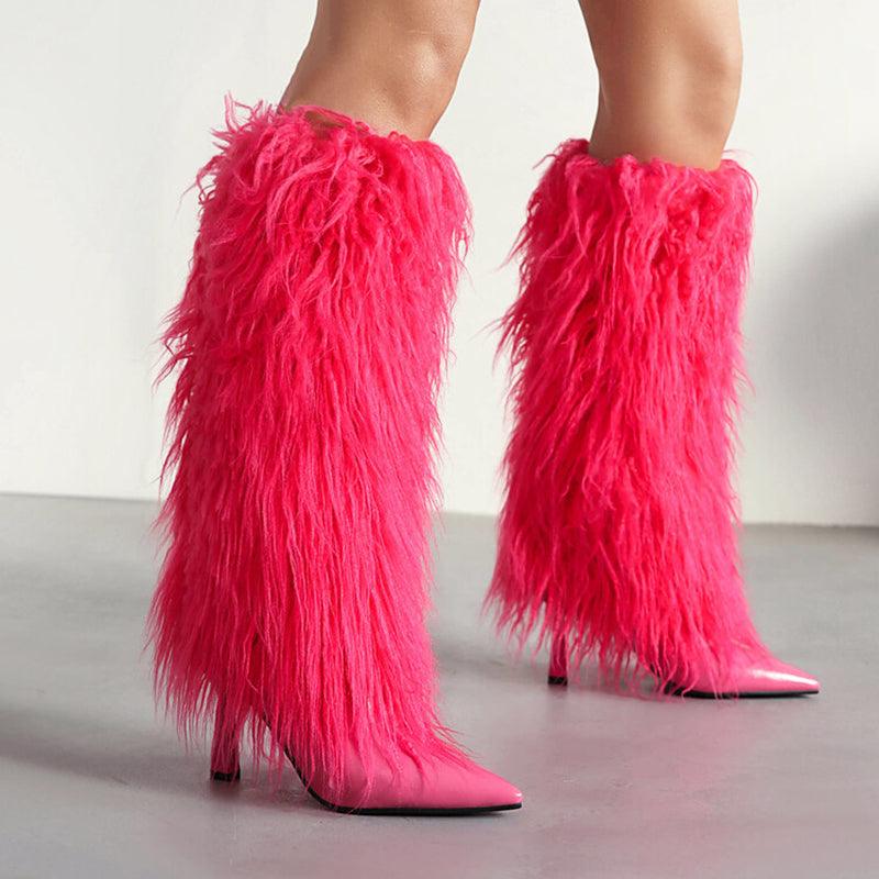 pink Women's fuzzy stiletto heels knee high boots for party & winter holiday