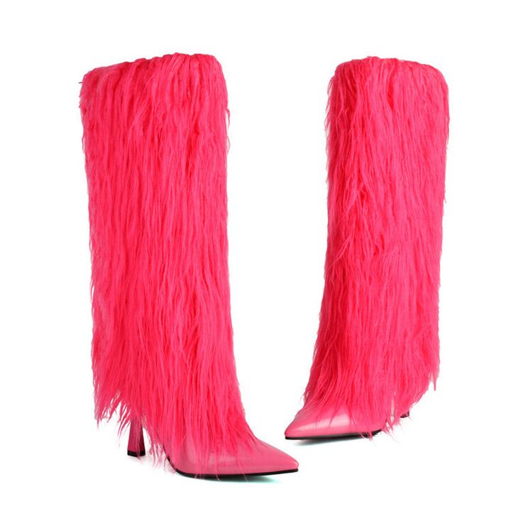 pink Women's fuzzy stiletto heels knee high boots for party & winter holiday