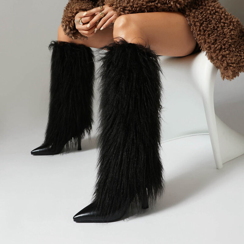 Women's fuzzy stiletto heels knee high boots for party & winter holiday