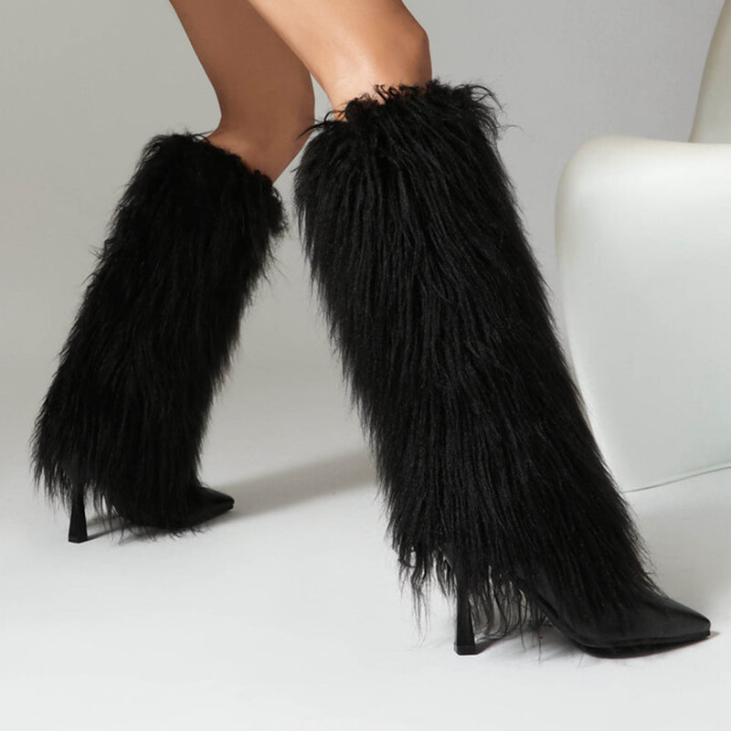 black Women's fuzzy stiletto heels knee high boots for party & winter holiday
