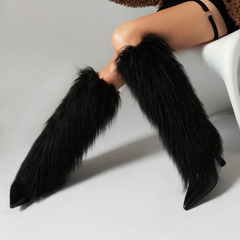 black Women's fuzzy stiletto heels knee high boots for party & winter holiday