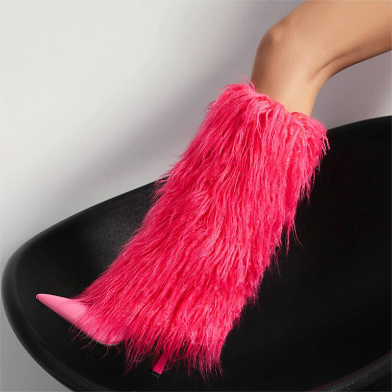 pink Women's fuzzy stiletto heels knee high boots for party & winter holiday