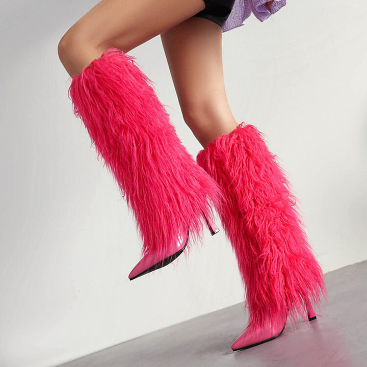 pink Women's fuzzy stiletto heels knee high boots for party & winter holiday