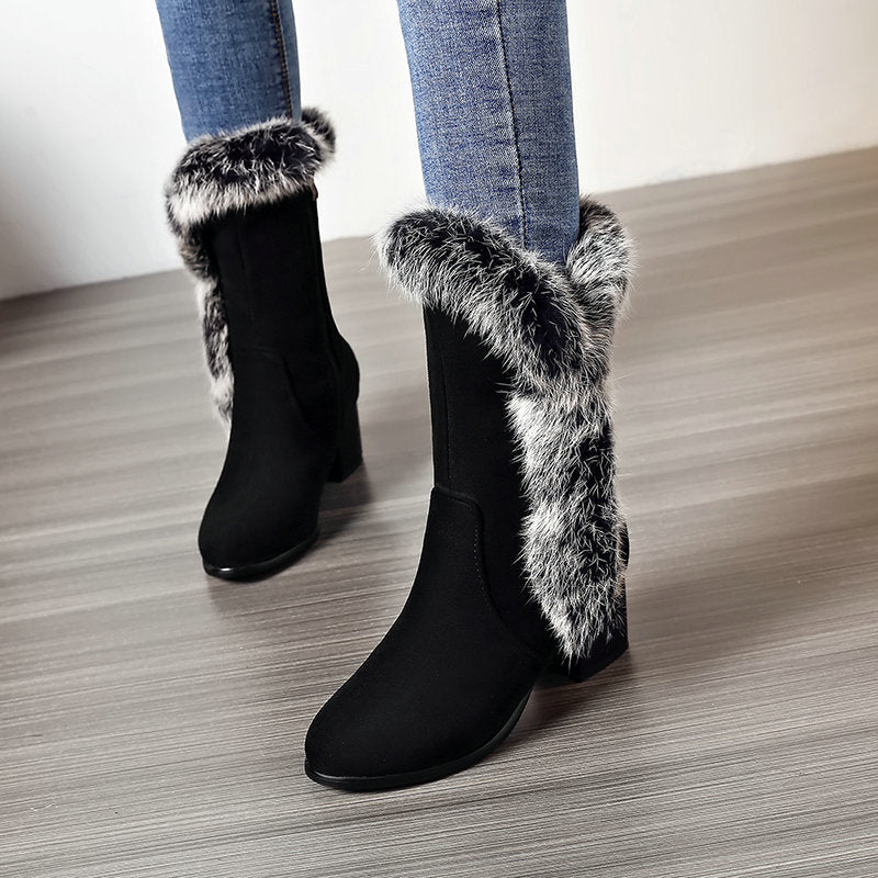 Women's fuzzy trim mid calf snow boots