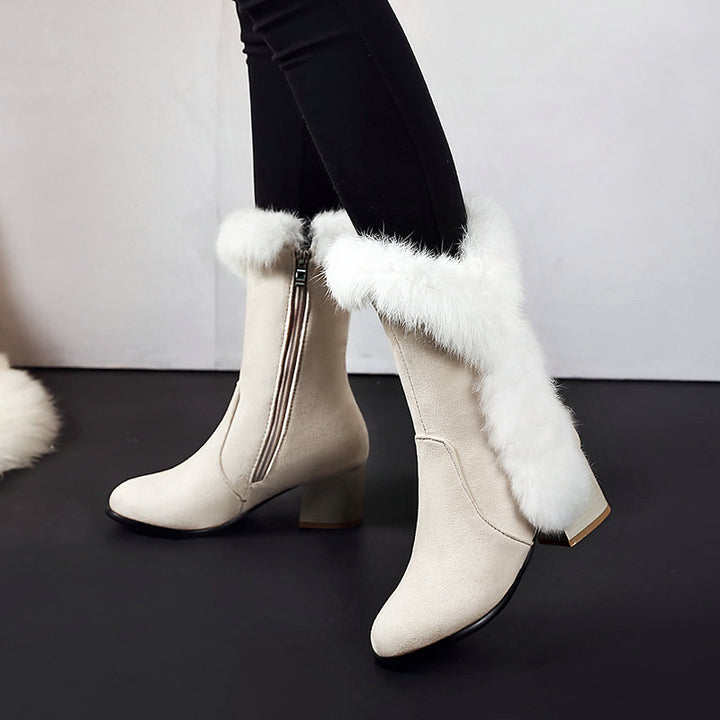 white Women's fuzzy trim mid calf snow boots