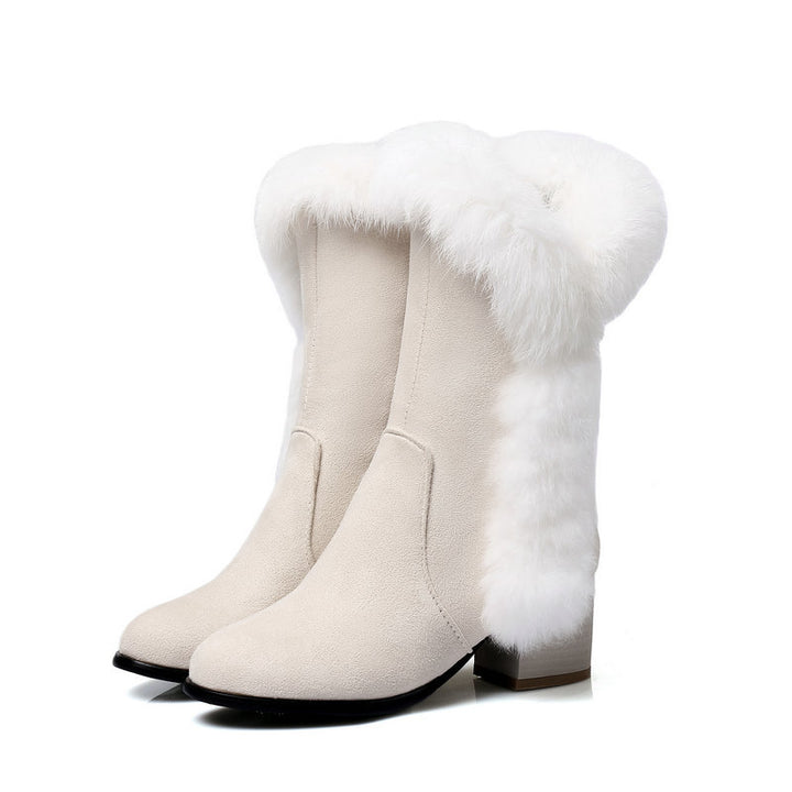 white Women's fuzzy trim mid calf snow boots