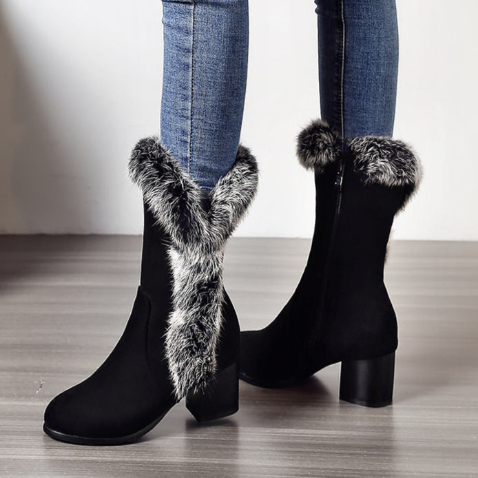 black Women's fuzzy trim mid calf snow boots