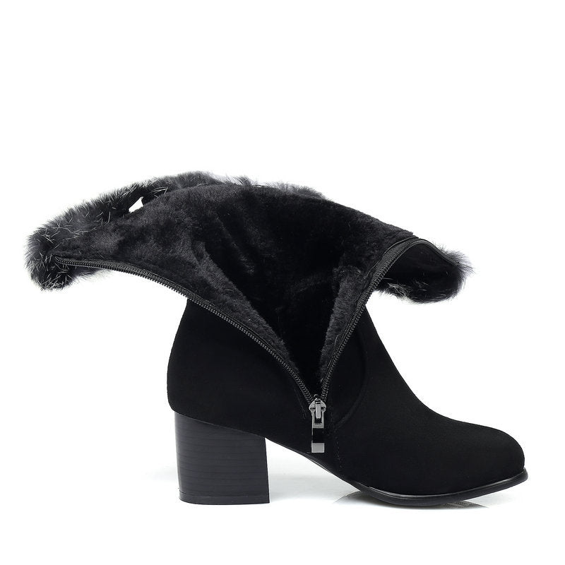 black Women's fuzzy trim mid calf snow boots