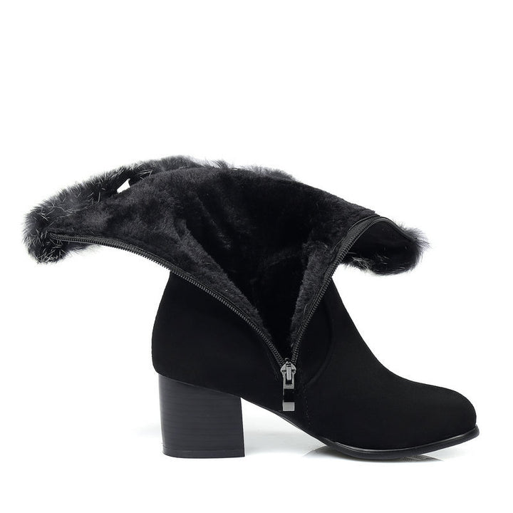 black Women's fuzzy trim mid calf snow boots